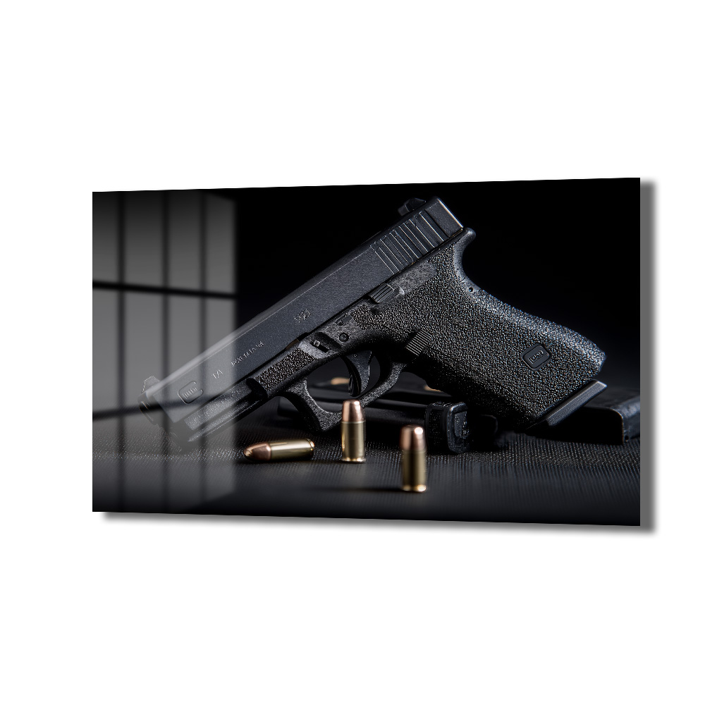 Taktik Zarafet: Glock ve Mermiler Cam Duvar Tablosu Duvar Dekoru Taktik Zarafet: Glock ve Mermiler Cam Duvar Tablosu
