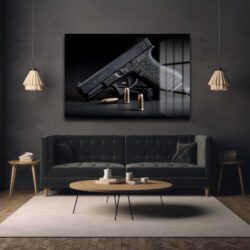Taktik Zarafet: Glock ve Mermiler Cam Duvar Tablosu Duvar Dekoru Taktik Zarafet: Glock ve Mermiler Cam Duvar Tablosu