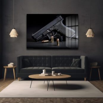 Taktik Zarafet: Glock ve Mermiler Cam Duvar Tablosu - Glazella Taktik Zarafet: Glock ve Mermiler Cam Duvar Tablosu - Glazella
