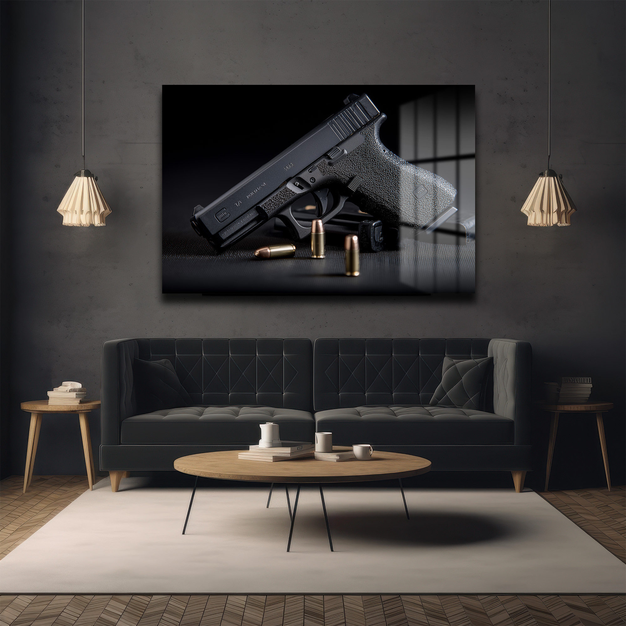 Taktik Zarafet: Glock ve Mermiler Cam Duvar Tablosu Duvar Dekoru Taktik Zarafet: Glock ve Mermiler Cam Duvar Tablosu