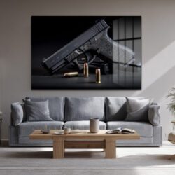 Taktik Zarafet: Glock ve Mermiler Cam Duvar Tablosu Duvar Dekoru Taktik Zarafet: Glock ve Mermiler Cam Duvar Tablosu