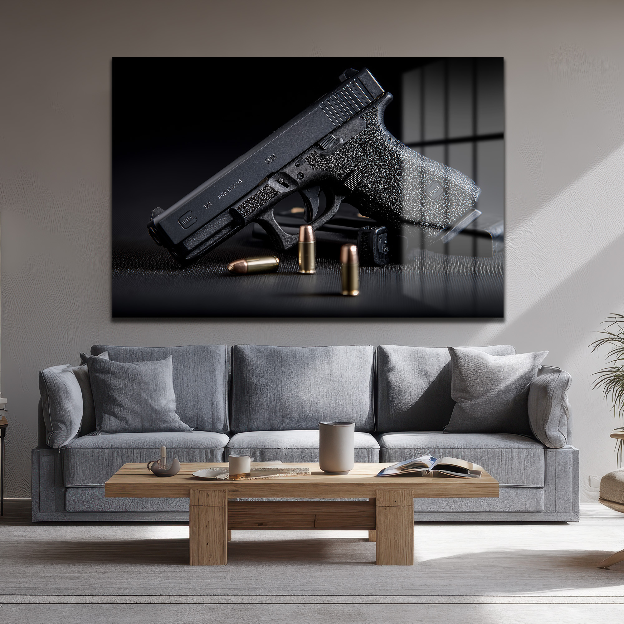 Taktik Zarafet: Glock ve Mermiler Cam Duvar Tablosu Duvar Dekoru Taktik Zarafet: Glock ve Mermiler Cam Duvar Tablosu