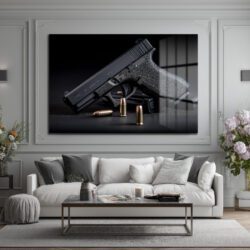Taktik Zarafet: Glock ve Mermiler Cam Duvar Tablosu Duvar Dekoru Taktik Zarafet: Glock ve Mermiler Cam Duvar Tablosu