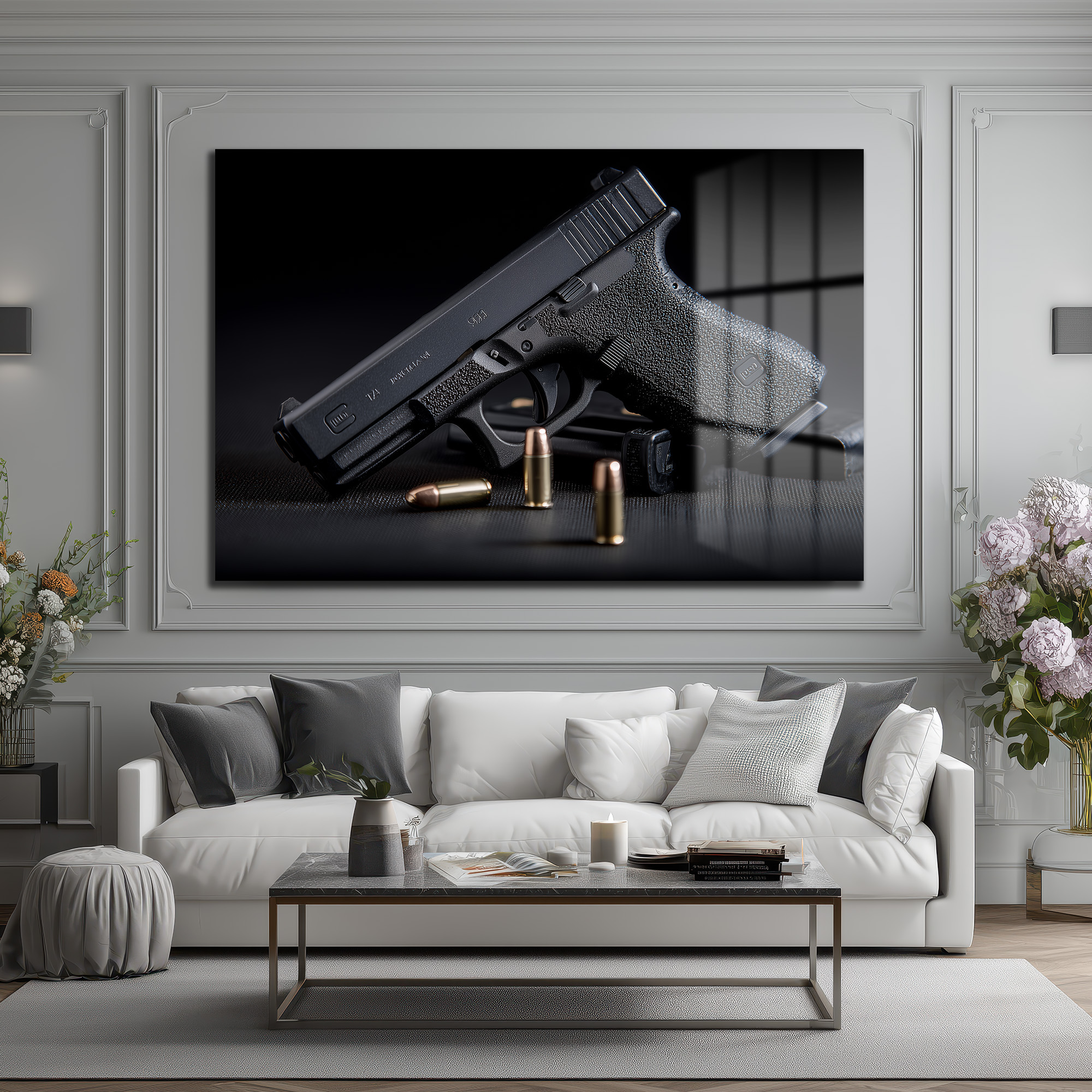 Taktik Zarafet: Glock ve Mermiler Cam Duvar Tablosu Duvar Dekoru Taktik Zarafet: Glock ve Mermiler Cam Duvar Tablosu