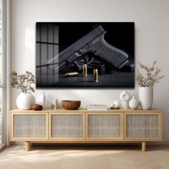 Taktik Zarafet: Glock ve Mermiler Cam Duvar Tablosu - Glazella Taktik Zarafet: Glock ve Mermiler Cam Duvar Tablosu - Glazella