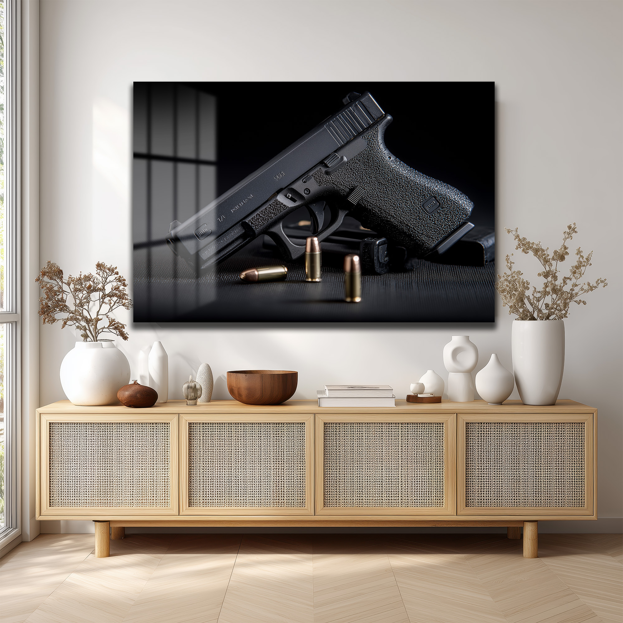 Taktik Zarafet: Glock ve Mermiler Cam Duvar Tablosu Duvar Dekoru Taktik Zarafet: Glock ve Mermiler Cam Duvar Tablosu