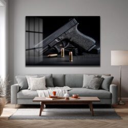Taktik Zarafet: Glock ve Mermiler Cam Duvar Tablosu Duvar Dekoru Taktik Zarafet: Glock ve Mermiler Cam Duvar Tablosu