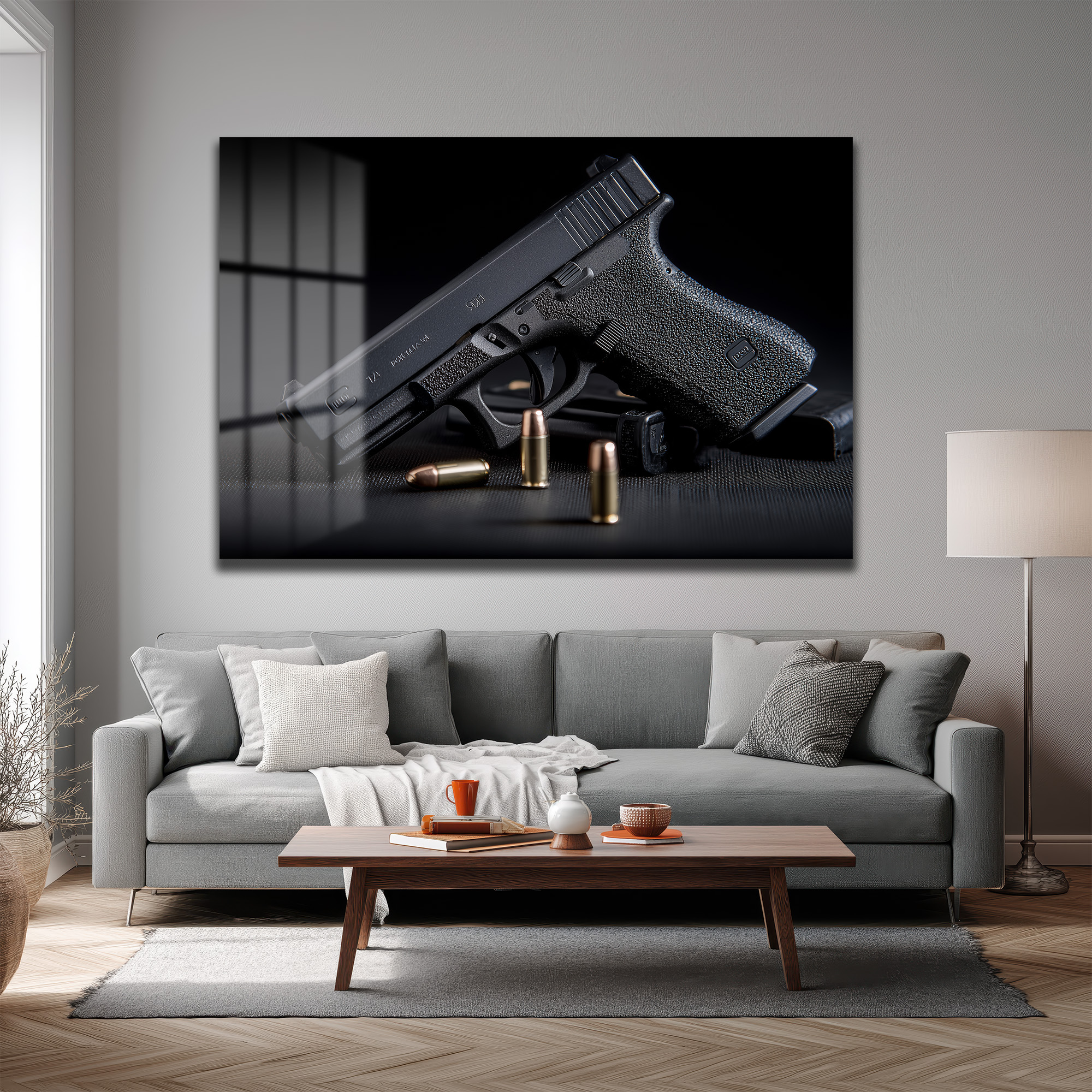 Taktik Zarafet: Glock ve Mermiler Cam Duvar Tablosu Duvar Dekoru Taktik Zarafet: Glock ve Mermiler Cam Duvar Tablosu