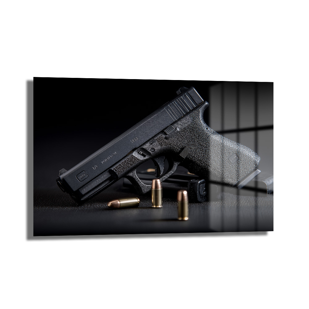 Taktik Zarafet: Glock ve Mermiler Cam Duvar Tablosu Duvar Dekoru Siyah zeminde duran, detaylı görünümde siyah Glock tabanca, şarjör ve pirinç mermiler içeren temperli cam tablo, modern ofis duvar dekorasyonu.
