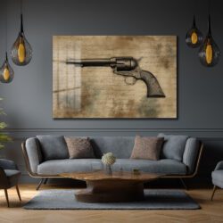 Vahşi Batı'nın Mirası: Antik Revolver Desenli Temperli Cam Tablo Duvar Dekoru Vahşi Batı'nın Mirası: Antik Revolver Desenli Temperli Cam Tablo