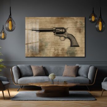 Vahşi Batı'nın Mirası: Antik Revolver Desenli Temperli Cam Tablo - Glazella Vahşi Batı'nın Mirası: Antik Revolver Desenli Temperli Cam Tablo - Glazella