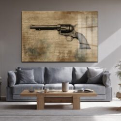 Vahşi Batı'nın Mirası: Antik Revolver Desenli Temperli Cam Tablo Duvar Dekoru Vahşi Batı'nın Mirası: Antik Revolver Desenli Temperli Cam Tablo