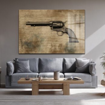 Vahşi Batı'nın Mirası: Antik Revolver Desenli Temperli Cam Tablo - Glazella Vahşi Batı'nın Mirası: Antik Revolver Desenli Temperli Cam Tablo - Glazella