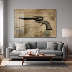 Vahşi Batı'nın Mirası: Antik Revolver Desenli Temperli Cam Tablo Duvar Dekoru Vahşi Batı'nın Mirası: Antik Revolver Desenli Temperli Cam Tablo