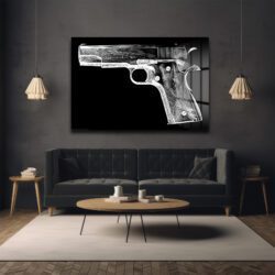 Güç ve Estetik: Çizgi Sanatı Tabanca Cam Tablo Duvar Dekoru Güç ve Estetik: Çizgi Sanatı Tabanca Cam Tablo
