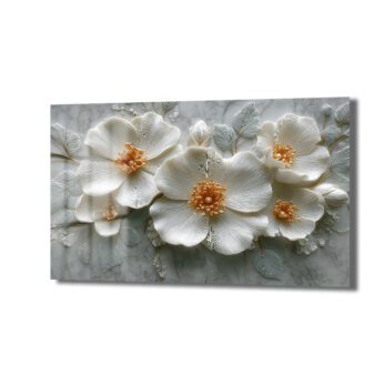 Zarif Dokunuş: Beyaz Çiçek Kabartmalı Mermer Efektli Modern Cam Tablo - Glazella