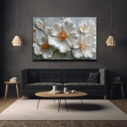 Lüks ve Zarafet: 3D Beyaz Çiçekli Temperli Cam Tablo Duvar Dekoru Lüks ve Zarafet: 3D Beyaz Çiçekli Temperli Cam Tablo