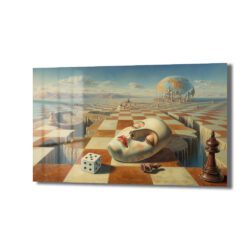 Dev bir satranç tahtası üzerinde uzanmış maske, zar ve satranç taşları ile sürrealist bir manzara sunan temperli cam tablo, gizemli bir atmosferle salon dekorasyonuna modern bir dokunuş katıyor.