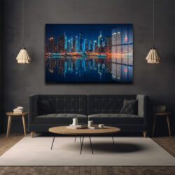 New York Işıkları: Gece Şehir Manzarası Modern Cam Tablo Duvar Dekoru New York Işıkları: Gece Şehir Manzarası Modern Cam Tablo