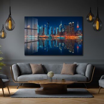 New York Işıkları: Gece Şehir Manzarası Modern Cam Tablo - Glazella New York Işıkları: Gece Şehir Manzarası Modern Cam Tablo - Glazella