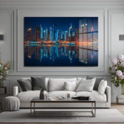 New York Işıkları: Gece Şehir Manzarası Modern Cam Tablo Duvar Dekoru New York Işıkları: Gece Şehir Manzarası Modern Cam Tablo