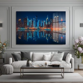 New York Işıkları: Gece Şehir Manzarası Modern Cam Tablo - Glazella New York Işıkları: Gece Şehir Manzarası Modern Cam Tablo - Glazella