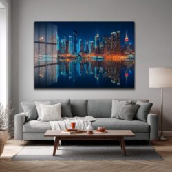 New York Işıkları: Gece Şehir Manzarası Modern Cam Tablo Duvar Dekoru New York Işıkları: Gece Şehir Manzarası Modern Cam Tablo