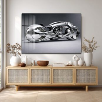Fütüristik Krom Motosiklet Cam Tablo: Modern Sanat ve Hızın Buluştuğu Duvar Dekoru - Glazella Fütüristik Krom Motosiklet Cam Tablo: Modern Sanat ve Hızın Buluştuğu Duvar Dekoru - Glazella