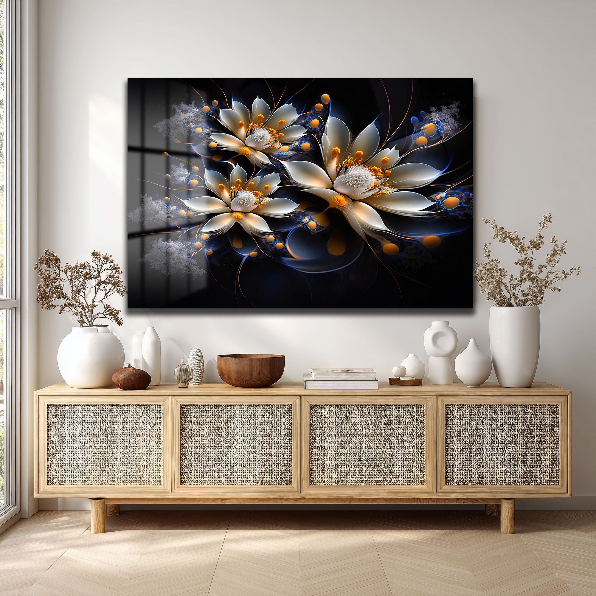Eterik Işıltı: Lotus Çiçekleri Modern Cam Tablo Duvar Dekoru Eterik Işıltı: Lotus Çiçekleri Modern Cam Tablo