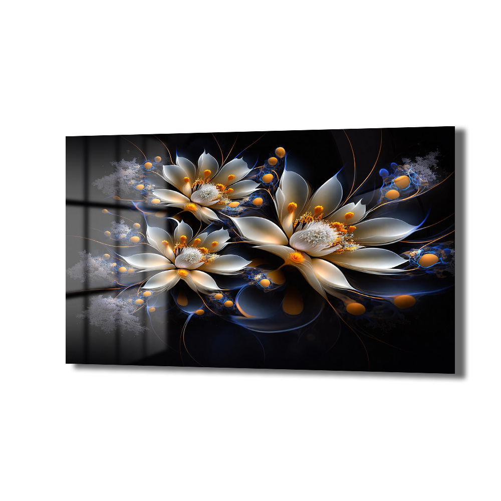 Eterik Işıltı: Lotus Çiçekleri Modern Cam Tablo Duvar Dekoru Karanlık arka plan üzerinde parlayan beyaz ve altın rengi soyut lotus çiçekleri temalı temperli cam tablo, modern salon duvar dekorasyonu için ideal.