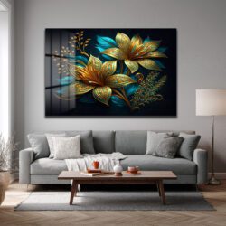 Zümrüt Dokunuşlu Altın Çiçekler: Lüks Temperli Cam Tablo Duvar Dekoru Zümrüt Dokunuşlu Altın Çiçekler: Lüks Temperli Cam Tablo