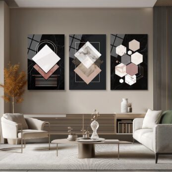 Soyut Geometrik Mermer Dokulu Cam Tablo Seti | Modern Duvar Sanatı - Glazella