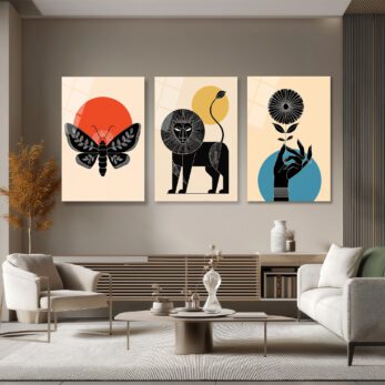 Bohem Ruhlu Doğa Motifleri Cam Tablo Seti | Modern Duvar Dekoru Üçlü Set - Glazella