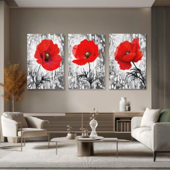 Kırmızı Gelinciklerin Büyüsü: Modern Siyah Beyaz Arka Planlı 3 Parça Cam Tablo Seti Üçlü Set - Glazella Kırmızı Gelinciklerin Büyüsü: Modern Siyah Beyaz Arka Planlı 3 Parça Cam Tablo Seti Üçlü Set - Glazella
