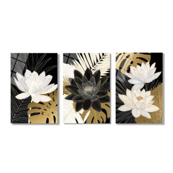Asil Lotus ve Tropikal Yapraklar 3'lü Lüks Cam Tablo Seti Üçlü Set - Glazella