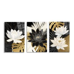 Asil Lotus ve Tropikal Yapraklar 3'lü Lüks Cam Tablo Seti Üçlü Set Duvar Dekoru Asil Lotus ve Tropikal Yapraklar 3'lü Lüks Cam Tablo Seti Üçlü Set