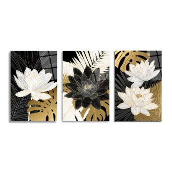 Asil Lotus ve Tropikal Yapraklar 3'lü Lüks Cam Tablo Seti Üçlü Set - Glazella
