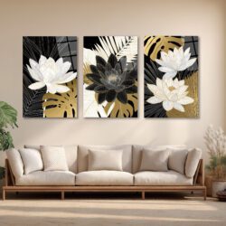 Asil Lotus ve Tropikal Yapraklar 3'lü Lüks Cam Tablo Seti Üçlü Set Duvar Dekoru Asil Lotus ve Tropikal Yapraklar 3'lü Lüks Cam Tablo Seti Üçlü Set