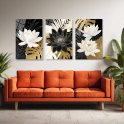 Asil Lotus ve Tropikal Yapraklar 3'lü Lüks Cam Tablo Seti Üçlü Set Duvar Dekoru Asil Lotus ve Tropikal Yapraklar 3'lü Lüks Cam Tablo Seti Üçlü Set