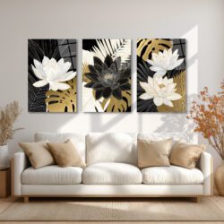 Asil Lotus ve Tropikal Yapraklar 3'lü Lüks Cam Tablo Seti Üçlü Set Duvar Dekoru Asil Lotus ve Tropikal Yapraklar 3'lü Lüks Cam Tablo Seti Üçlü Set