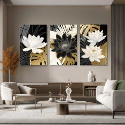 Asil Lotus ve Tropikal Yapraklar 3'lü Lüks Cam Tablo Seti Üçlü Set Duvar Dekoru Asil Lotus ve Tropikal Yapraklar 3'lü Lüks Cam Tablo Seti Üçlü Set