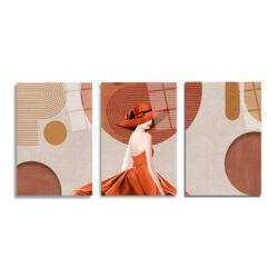 Modern Zarafet: Terracotta Tonlarında Şık Kadın ve Soyut Desenler 3'lü Cam Tablo Üçlü Set - Glazella