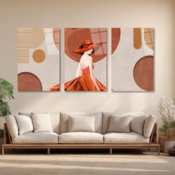 Modern Zarafet: Terracotta Tonlarında Şık Kadın ve Soyut Desenler 3'lü Cam Tablo Üçlü Set Duvar Dekoru Modern Zarafet: Terracotta Tonlarında Şık Kadın ve Soyut Desenler 3'lü Cam Tablo Üçlü Set