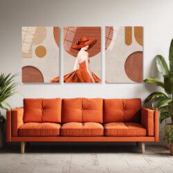 Modern Zarafet: Terracotta Tonlarında Şık Kadın ve Soyut Desenler 3'lü Cam Tablo Üçlü Set Duvar Dekoru Modern Zarafet: Terracotta Tonlarında Şık Kadın ve Soyut Desenler 3'lü Cam Tablo Üçlü Set