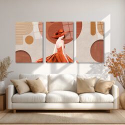 Modern Zarafet: Terracotta Tonlarında Şık Kadın ve Soyut Desenler 3'lü Cam Tablo Üçlü Set Duvar Dekoru Modern Zarafet: Terracotta Tonlarında Şık Kadın ve Soyut Desenler 3'lü Cam Tablo Üçlü Set