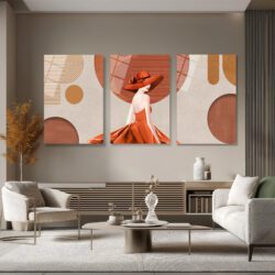 Modern Zarafet: Terracotta Tonlarında Şık Kadın ve Soyut Desenler 3'lü Cam Tablo Üçlü Set Duvar Dekoru Modern Zarafet: Terracotta Tonlarında Şık Kadın ve Soyut Desenler 3'lü Cam Tablo Üçlü Set