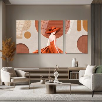 Modern Zarafet: Terracotta Tonlarında Şık Kadın ve Soyut Desenler 3'lü Cam Tablo Üçlü Set - Glazella Modern Zarafet: Terracotta Tonlarında Şık Kadın ve Soyut Desenler 3'lü Cam Tablo Üçlü Set - Glazella