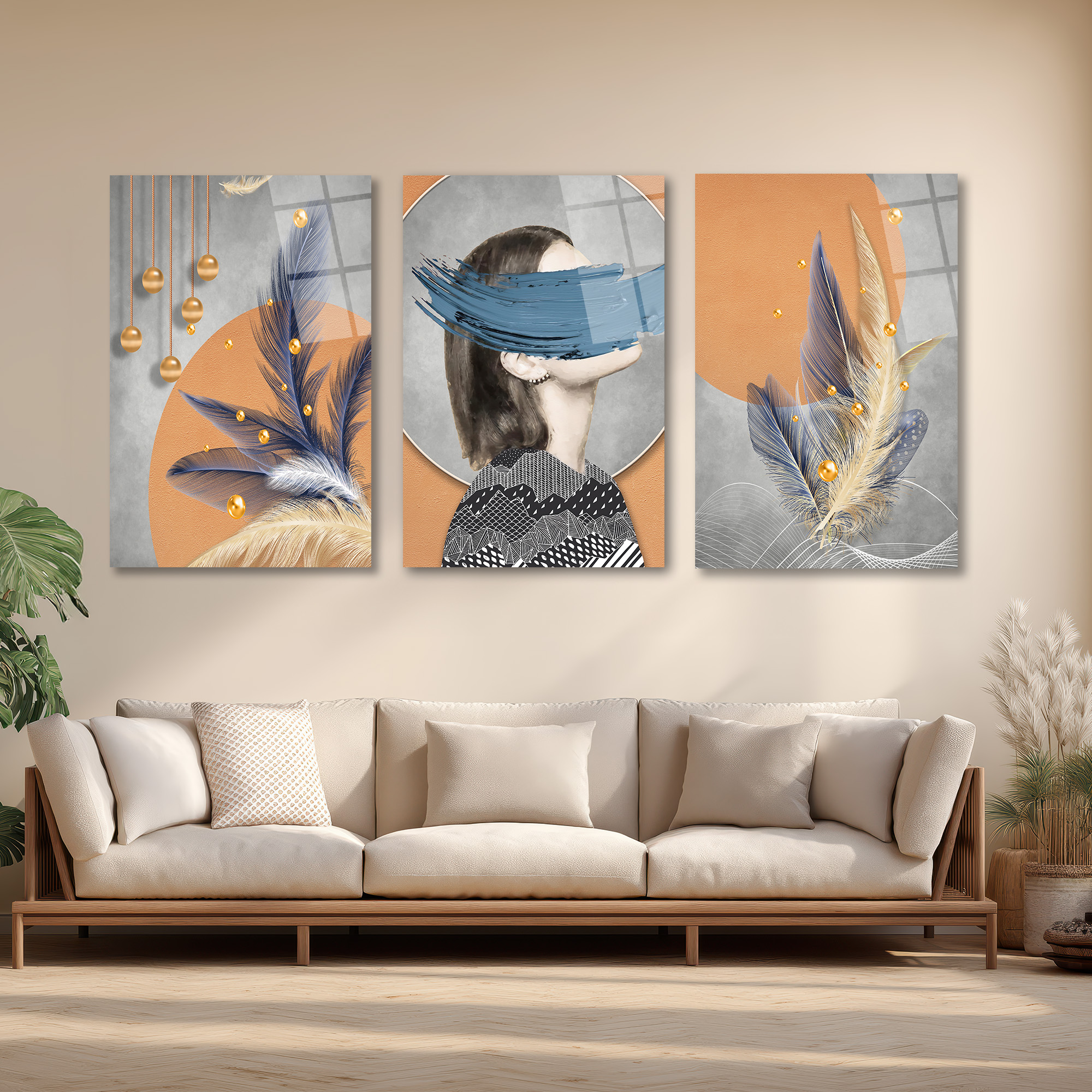 Gizemli Bakışlar ve Tüylerle Modern Sanat 3'lü Cam Tablo Seti Üçlü Set Duvar Dekoru Gizemli Bakışlar ve Tüylerle Modern Sanat 3'lü Cam Tablo Seti Üçlü Set