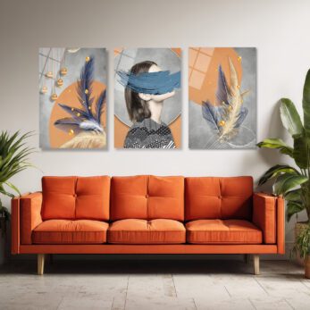 Gizemli Bakışlar ve Tüylerle Modern Sanat 3'lü Cam Tablo Seti Üçlü Set - Glazella