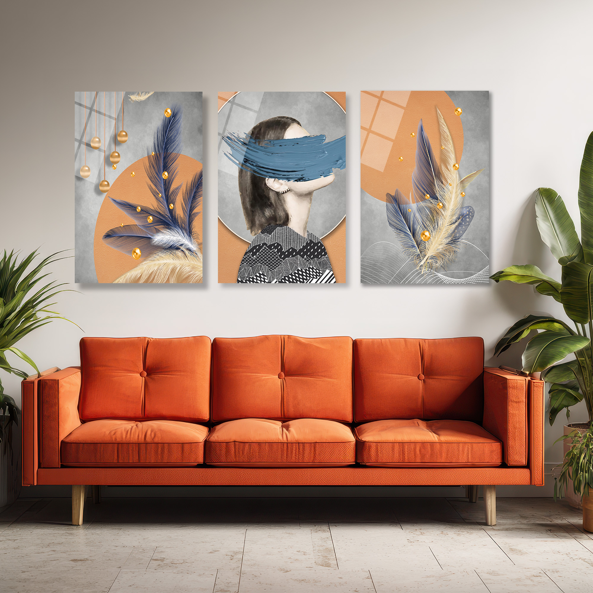 Gizemli Bakışlar ve Tüylerle Modern Sanat 3'lü Cam Tablo Seti Üçlü Set Duvar Dekoru Gizemli Bakışlar ve Tüylerle Modern Sanat 3'lü Cam Tablo Seti Üçlü Set